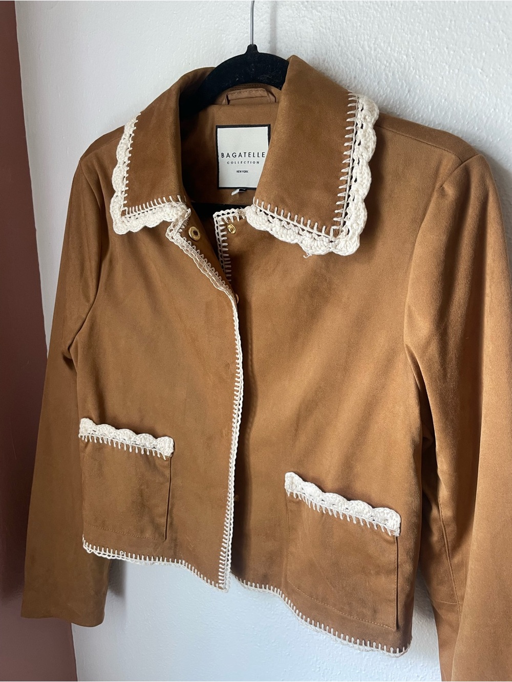 bagatelle Tan Suede Crochet-Trim Cropped Jacket - Picture 2 of 4